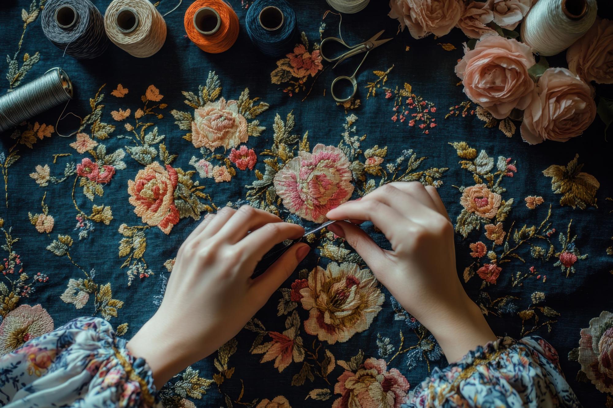 close-up of hand embroidering floral motif on linen